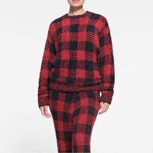SKIMS Cozy Knit Unisex Sweater Red Black Brick Buffalo check
